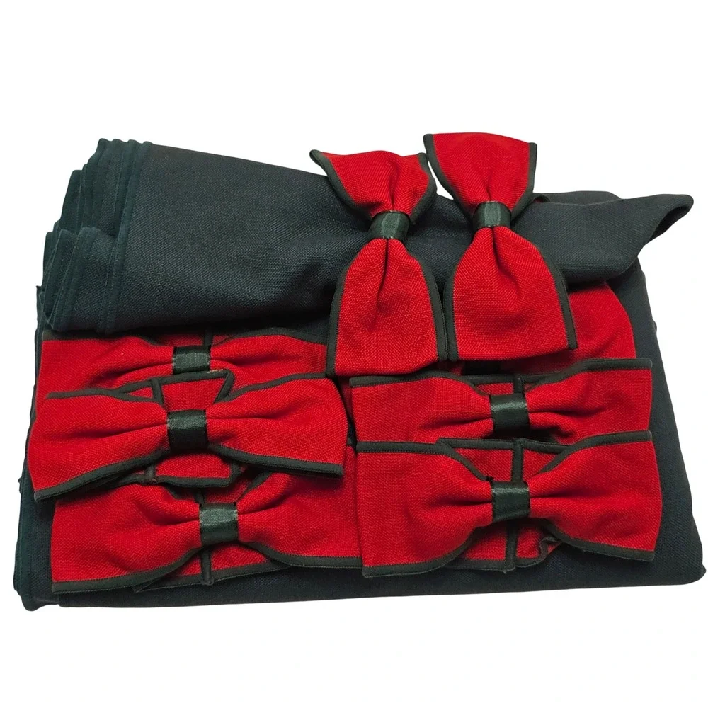 Vintage Christmas Napkin Set 8 Green Cloth Napkins Red Bow Napkin Rings Holiday